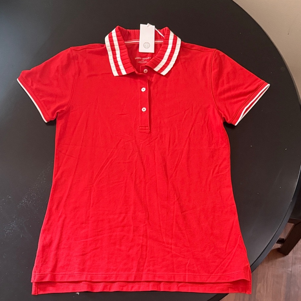 Tory Burch Sport Red Polo Shirt with White Striped Collar